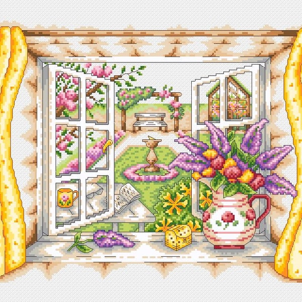 Summer Window Scene Cross Stitch PDF Pattern