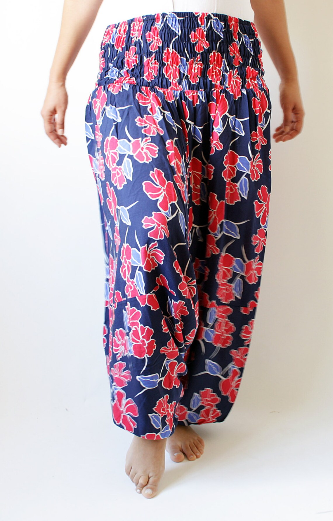 Harem Pantsblue&red Floral Harem Pants Hippie Pantsbeach - Etsy