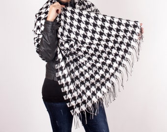 Houndstooth Long Shawl*Black White Scarf*Tassel Fringed Black White Winter ShawlBrown Rectangle Scarf*Burgundy Purple Gift For Her