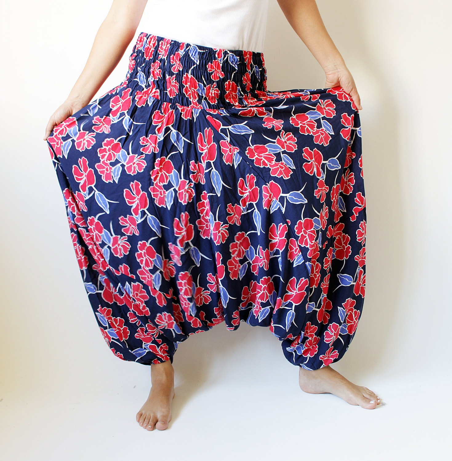 Harem Pantsblue&red Floral Harem Pants Hippie Pantsbeach - Etsy