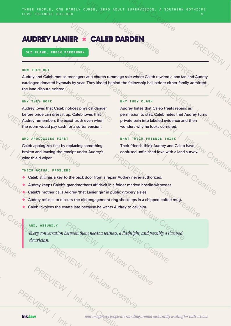 Love Triangle Character Kit Three People One Family Curse Zero Adult Supervision | Romance Writing Prompts | Character Sheets zdjęcie 4