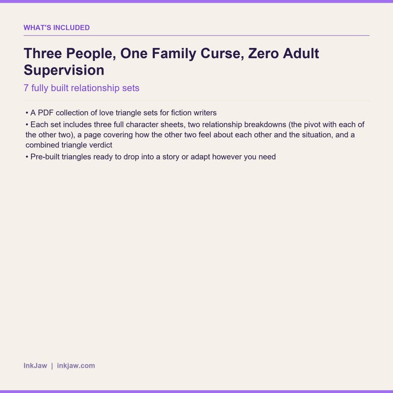 Love Triangle Character Kit Three People One Family Curse Zero Adult Supervision | Romance Writing Prompts | Character Sheets zdjęcie 7