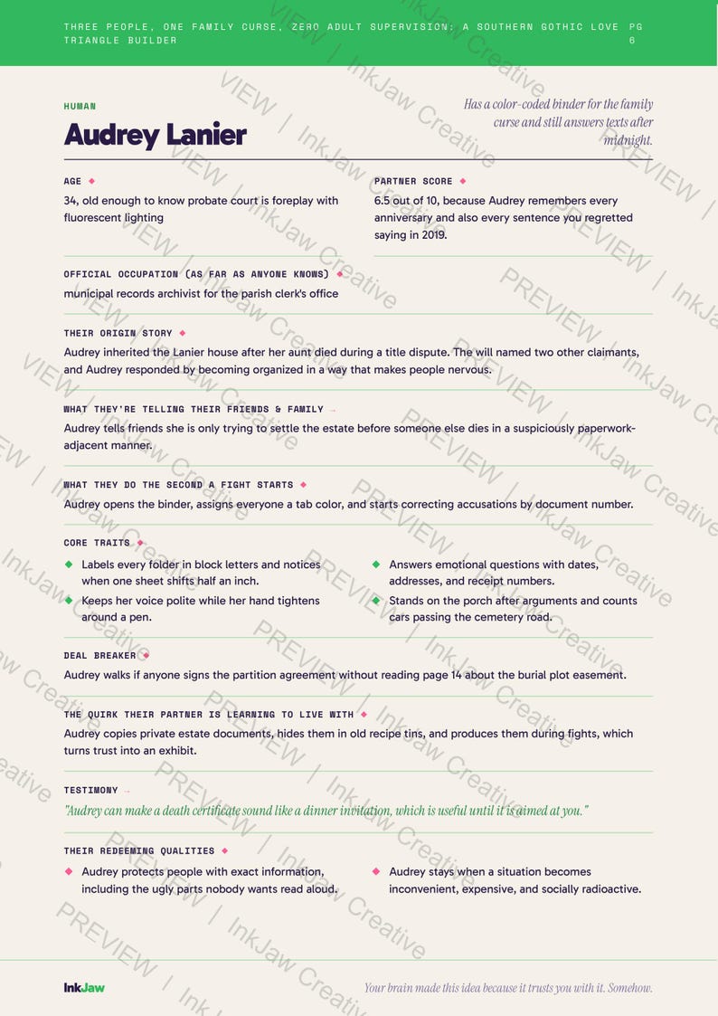Love Triangle Character Kit Three People One Family Curse Zero Adult Supervision | Romance Writing Prompts | Character Sheets zdjęcie 3