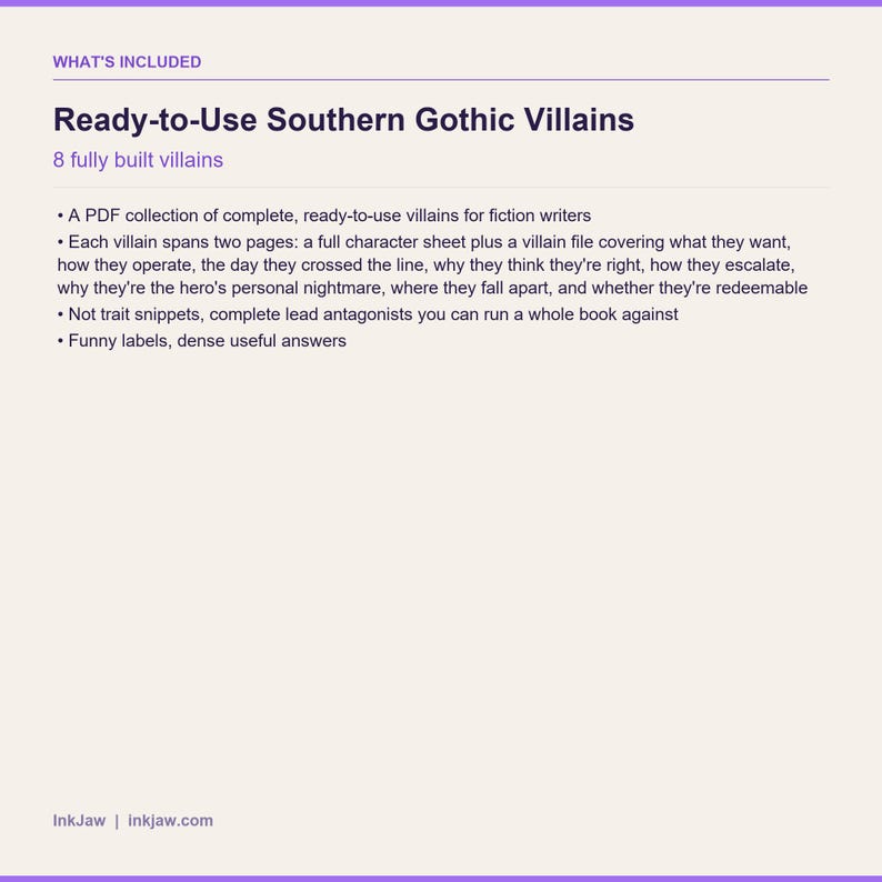 Villain Character Pack Ready to Use Southern Gothic Villains | Fiction Writing Prompts | Character Sheet PDF image 5