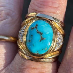 Vintage Large Turquoise Statement Ring 18K Yellow Gold Turquoise Ring 18K Turquoise Diamond Ring 18K Turquoise Signet Ring size 10