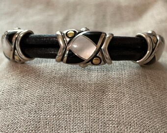 Vintage Eric Grossbardt Bangle 18K Sterling Leather Gemstone Inlay Onyx Mother of Pearl Bracelet Eric Grossbardt Bracelet 6.5"