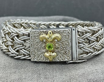 Vintage Sterling Woven Bracelet 7.5” Heavy Silver Weave Bracelet Wide Woven Bracelet Fleur de Lis Bracelet Peridot Fleur de Lis Bracelet