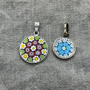 Vintage Murano Glass Millefiori Sterling Silver Pendants Pair of Murano Pendants