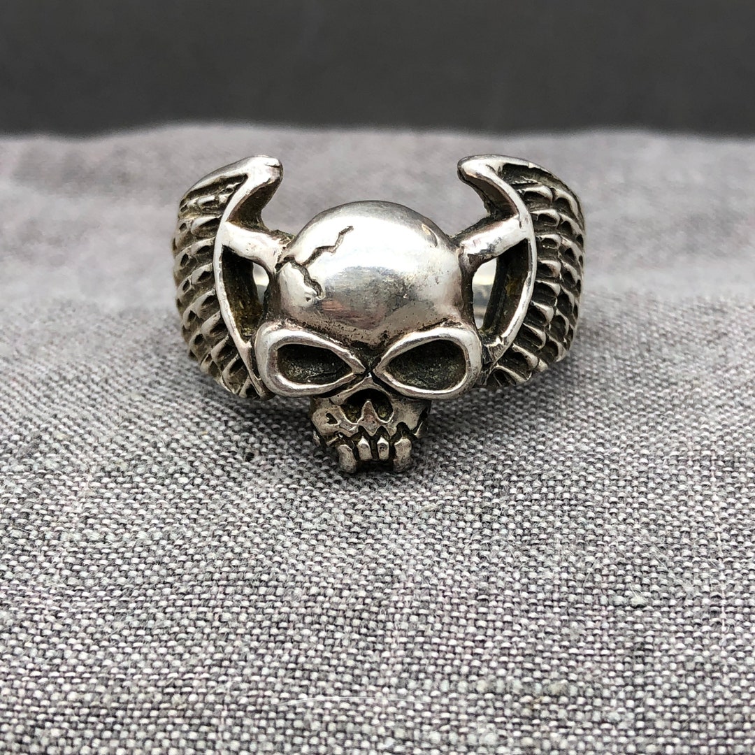 Vintage Sterling Silver Winged Skull Ring Biker Size 14 14.7
