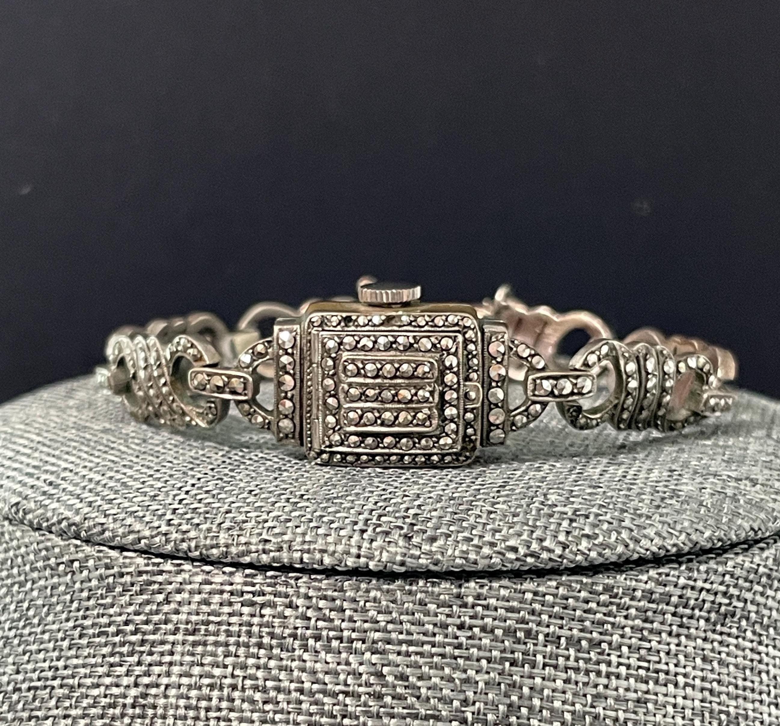 Vintage Marcasite Ladies Watch: 1920s Diamond Quartz Sterling Silver Bracelet Vintage Marcasite & 925 Sterling Silver “diamond Logo  main image 4