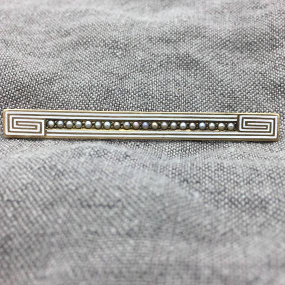 Antique Enamel Greek Key and Seed Pearl Brooch 10K Enamel Brooch 10K Enamel Pin Enamel Greek Key Pin