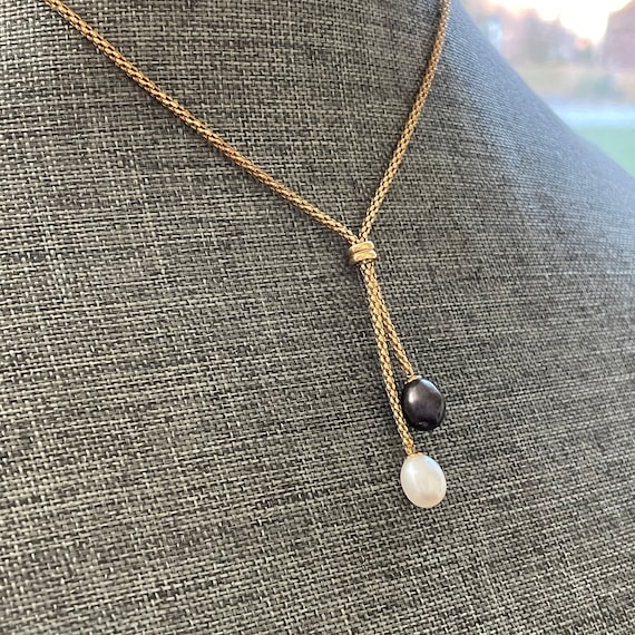 14K Yellow Gold Pearl Lariat Necklace 14K Black Ta