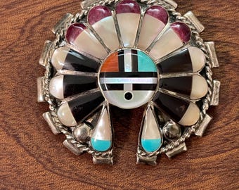 Zuni Dexter & Eva Cellicion Stering Sunface Kachina Pendant Brooch Turquoise Sugilite Onyx Spiny Oyster Mother of Pearl Inlay