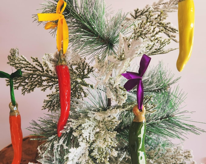 Handmade Ceramic Multi Colored Chili Pepper Ornament Set