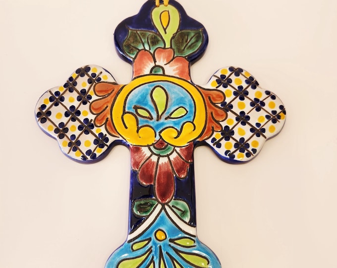 Large Hand Painted Ceramic Floral Mexican Talavera Cross Wall Hanging