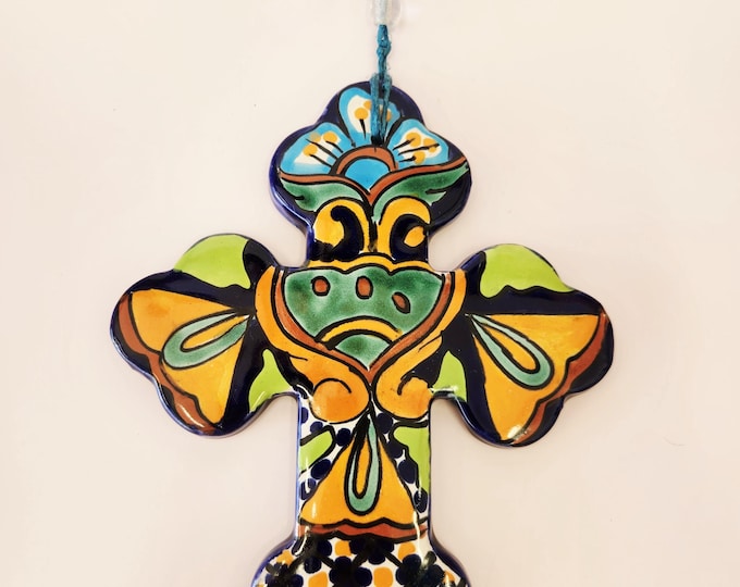 Medium Hand Painted Ceramic Floral Mexican Talavera Cross Wall Hanging