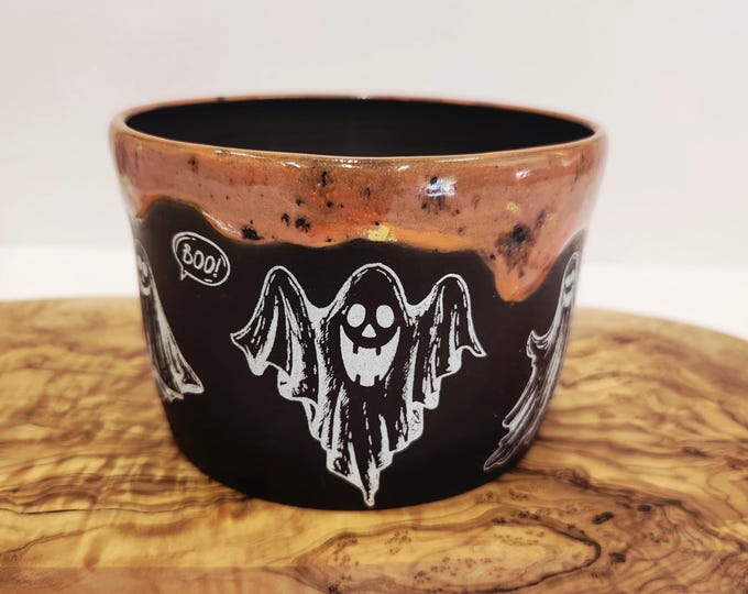 Handcrafted Halloween Ghost Orange Drip Glaze Planter