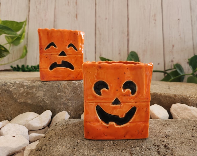 Handmade Ceramic Halloween Votive Candle Holder Pumpkin Face