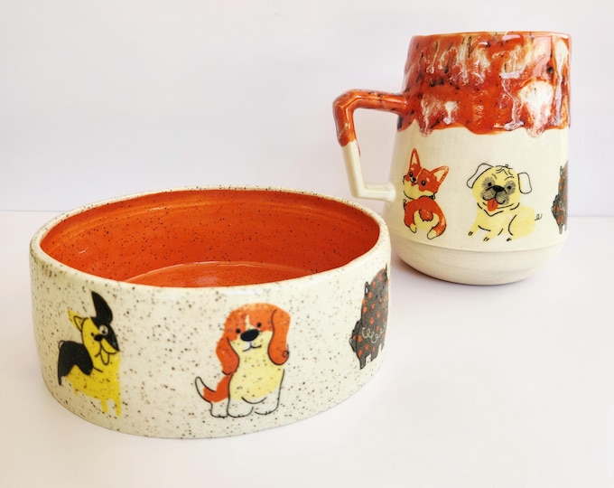 Handmade Ceramic Food and Water Dog Bowl and Matching Mug set