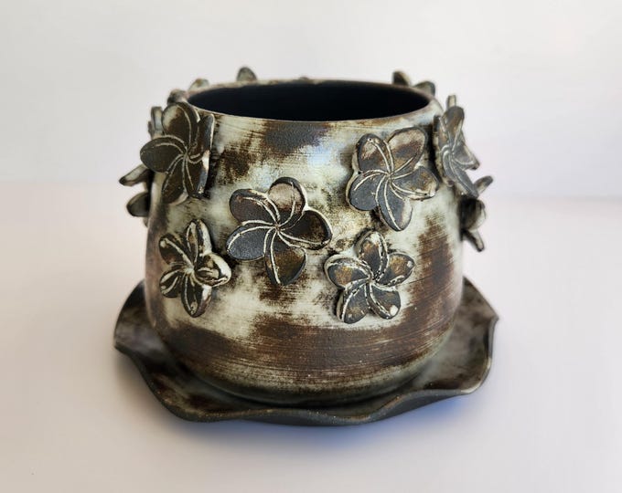 Handmade Ceramic Chocolate Brown Planter with Plumeria Floral Accents