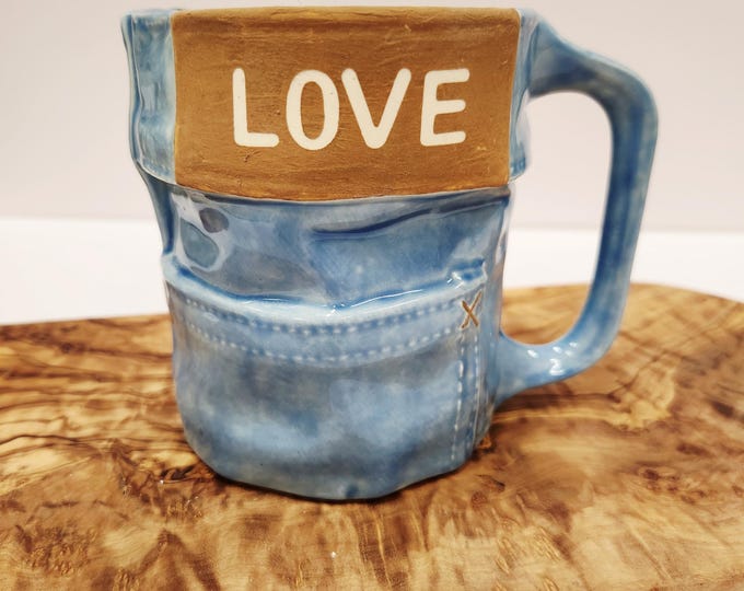 Blue Jeans Coffee Mug / Handmade Denim-Inspired Pottery Mug / LOVE Mug / Unique Ceramic Gift