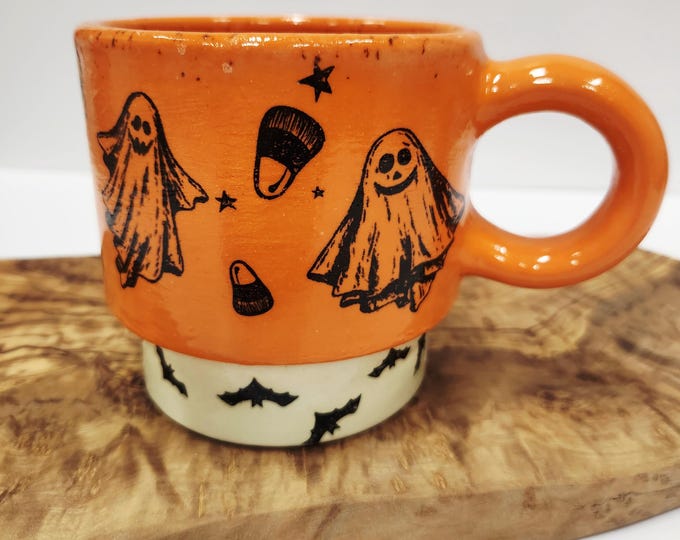 Handmade Halloween Coffee Mug / Ceramic Ghost Mug / Spooky Pottery Cup / Ghosts and Bats Halloween Mug