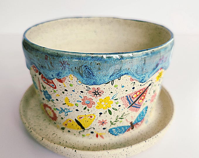 Handmade Butterfly Light Blue Speckled Ceramic Drip Glaze Planter
