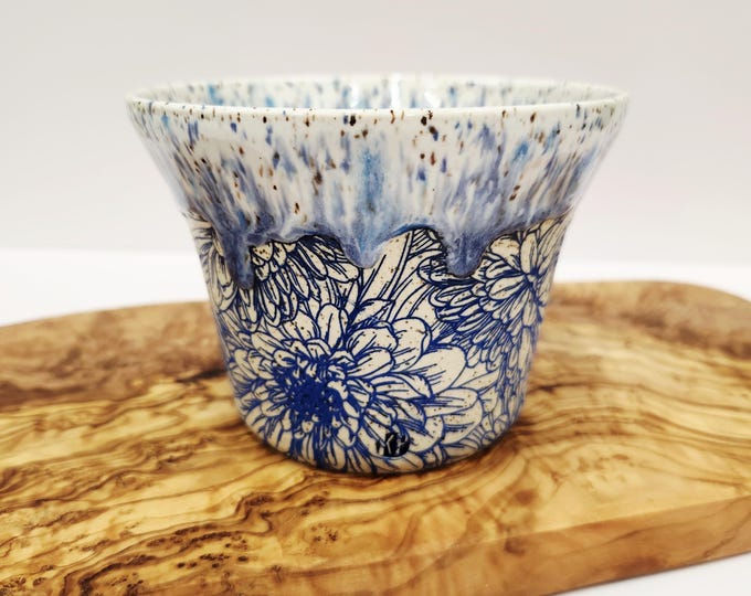 Handmade Blue "Mum" Floral Speckled Ceramic Drip Glaze Planter