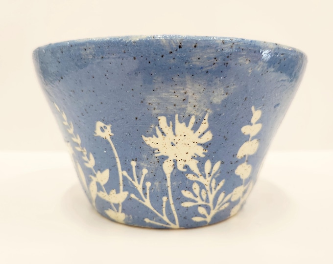 Handmade Light Blue Botanical Speckled Buff Planter