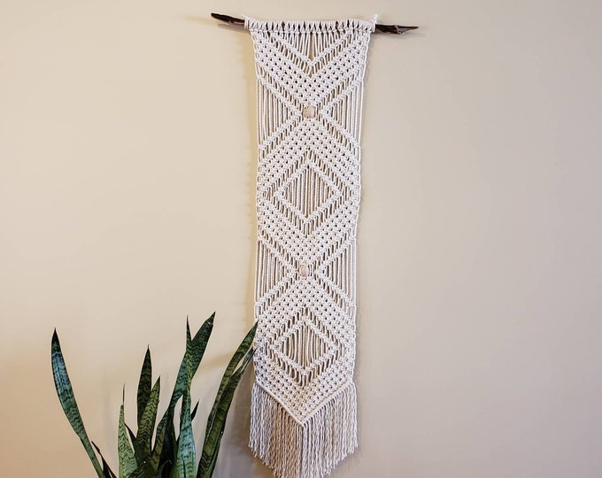 Macrame Geometric Diamond Wall Hanging Banner with Drift Wood Natural Cotton Cord and Beads / Boho Eclectic/ Living Room or Entry Decor
