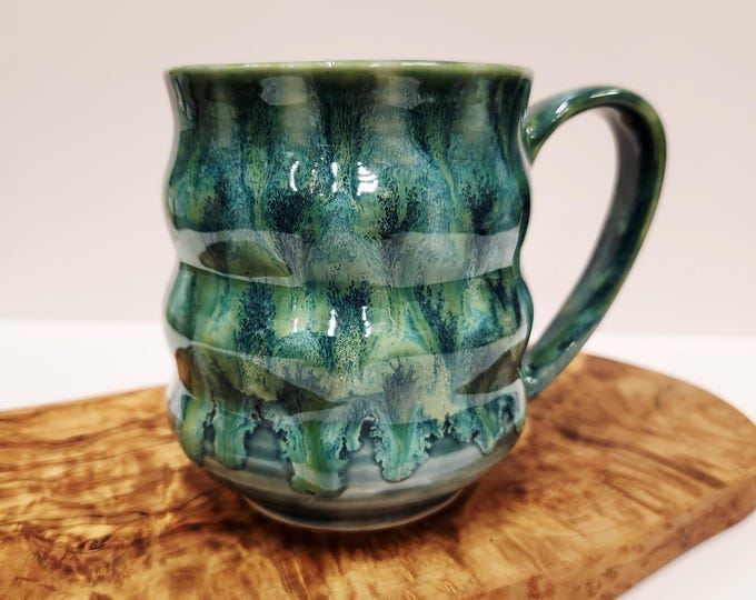 Handmade Blue Green Wavy 20 ounce Drip Glaze Ceramic Coffee Tea Mug