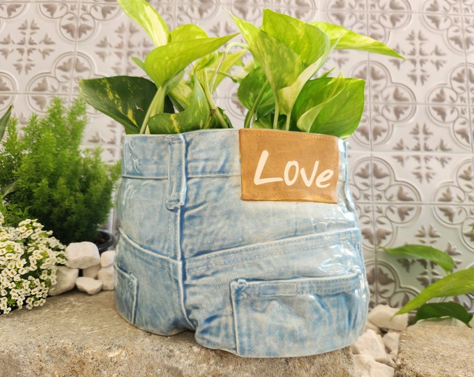 Large Handmade Ceramic Denim Jeans Planter  "Etsy's Pick"  **Can Personalize**