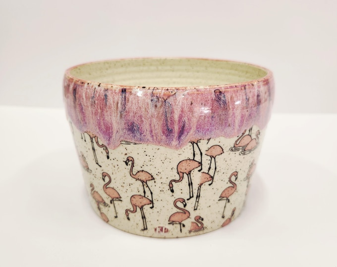 Handmade Flamingo pattern Pink Drip Glaze Planter