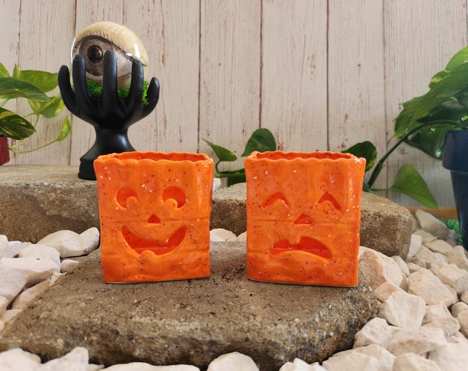 Handmade Ceramic Halloween Votive Candle Holder Pumpkin Face