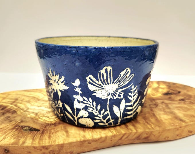 Handmade Blue Botanical Cream Speckled Planter