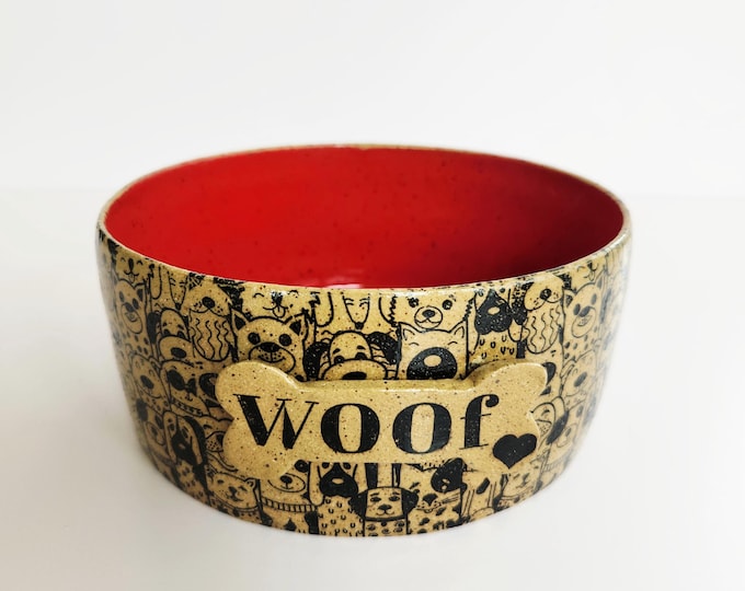 Handmade Red Ceramic Food and Water Dog Bowl