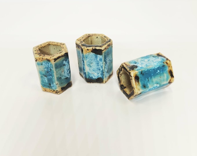 Handmade Ceramic Turquoise Blue and Brown Speckled Macrame 3 Bead Set