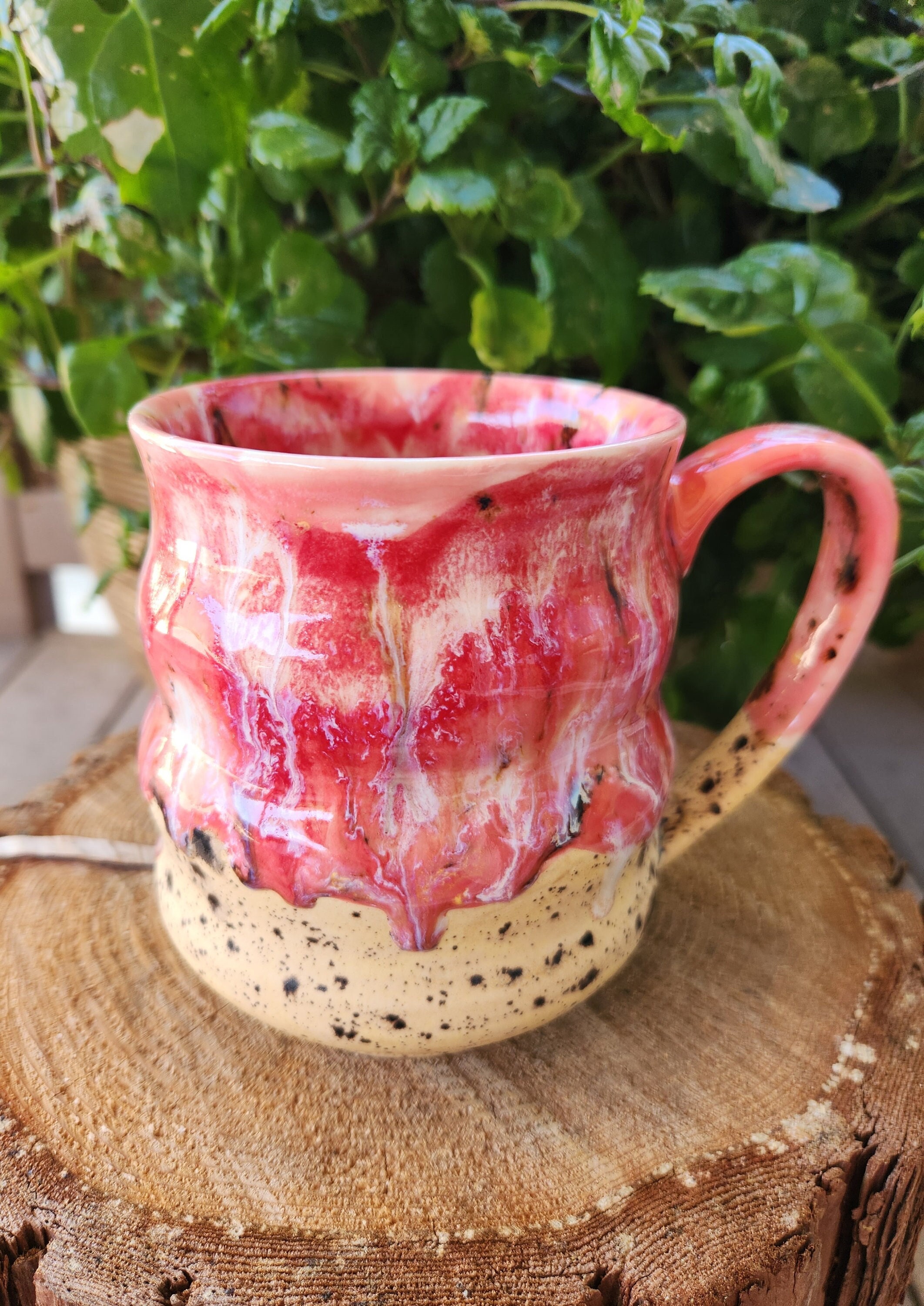 Handcrafted Wavy 20 ounce Pink Drip Glaze Ceramic Coffee Tea Mug