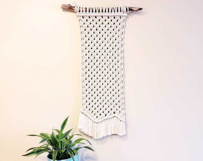 Handmade Natural Cotton Cord Macrame Tapestry Wall Hanging with Driftwood Boho Eclectic Home Decoration