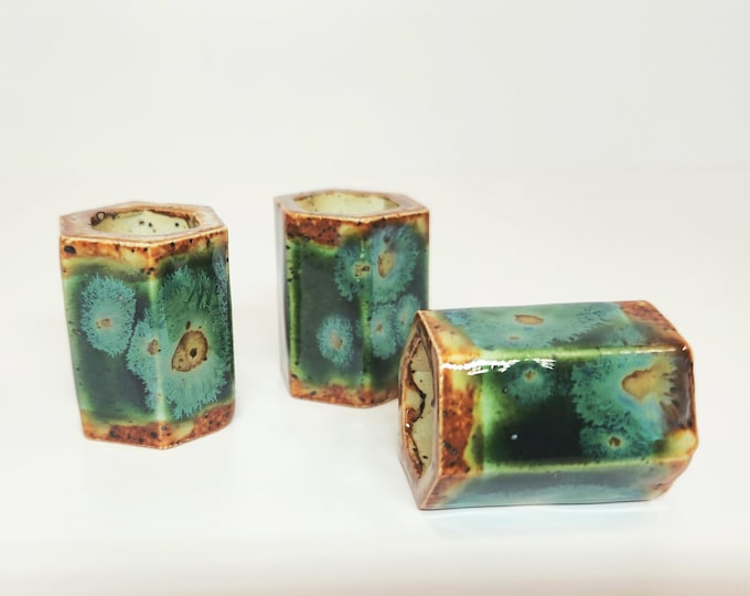 Handmade Ceramic Green, Blue and Copper Brown Macrame 3 Bead Set