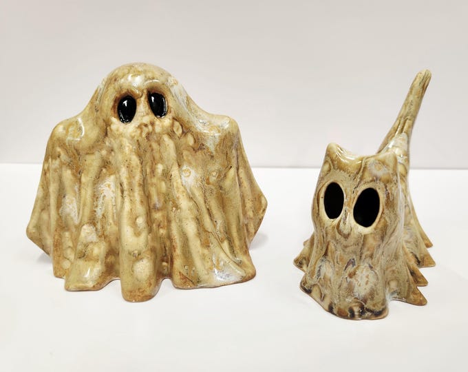 Ceramic Halloween Ghost & Ghost Kitty set / Handmade Ghost Cat Figurine / Spooky Halloween Pottery Decor