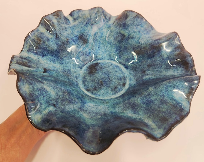 Handmade Wavy Ceramic Chocolate Brown and Blue Textured Platter