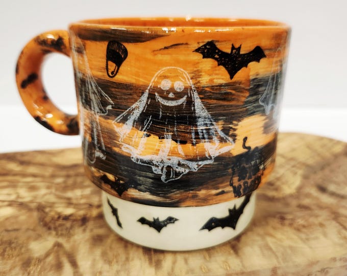 Handmade Halloween Coffee Mug / Ceramic Ghost Mug / Spooky Pottery Cup / Bats and Ghost Halloween Mug