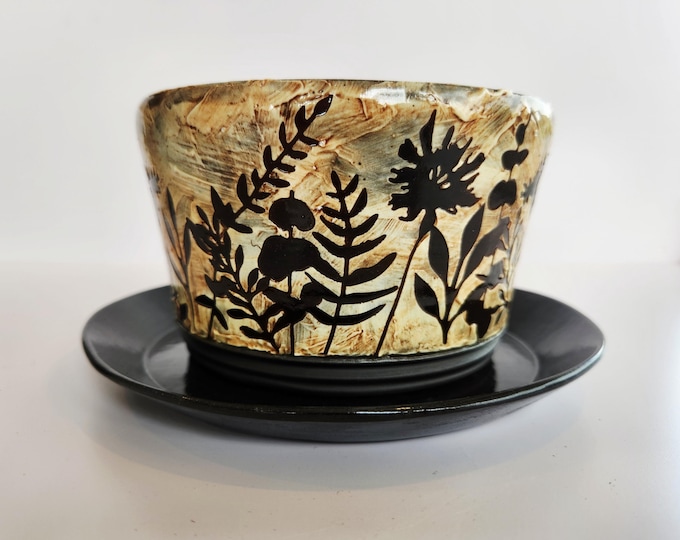 Handcrafted Botanical Theme Chocolate Brown Planter with Saucer