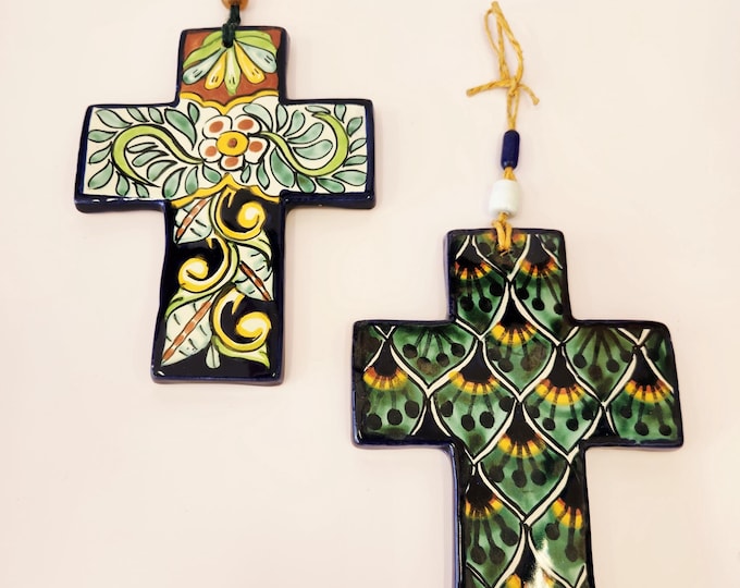 Small Hand Painted Ceramic Floral Mexican Talavera Cross Wall Hanging