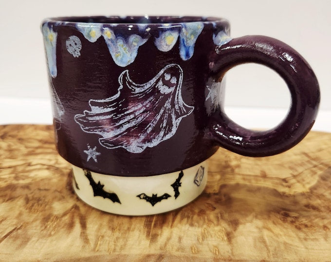 Handmade Halloween Coffee Mug / Ceramic Ghost Mug / Spooky Pottery Cup / Ghosts and Bats Halloween Mug