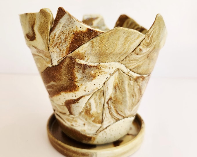 Handcrafted Tan and Cream Marbled Planter