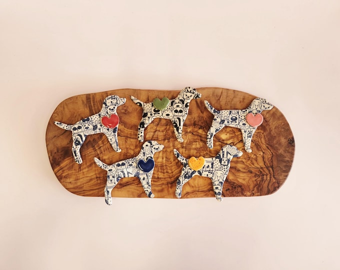 Handmade Ceramic Dog Magnet / Dog Lover Gift / Whimsical Pottery Dog / Colorful Heart Magnet