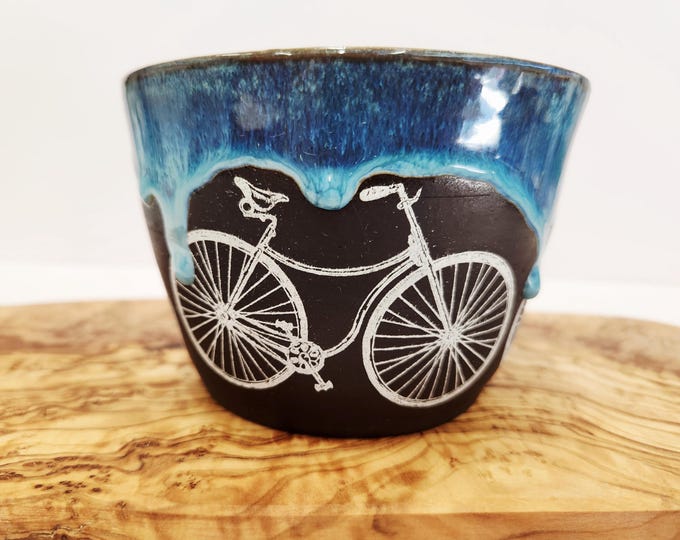 Handmade Ceramic Chocolate Brown Bicycle Theme Blue Planter