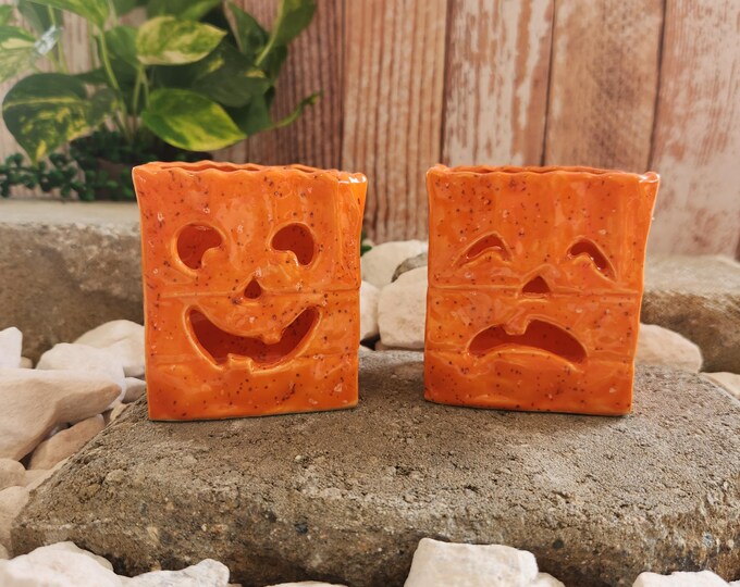 Handmade Ceramic Halloween Votive Candle Holder Pumpkin Face